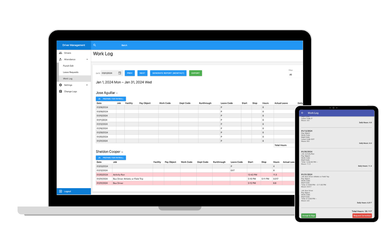 Efficiently manage timesheets via the DriverHub app and Driver Management 